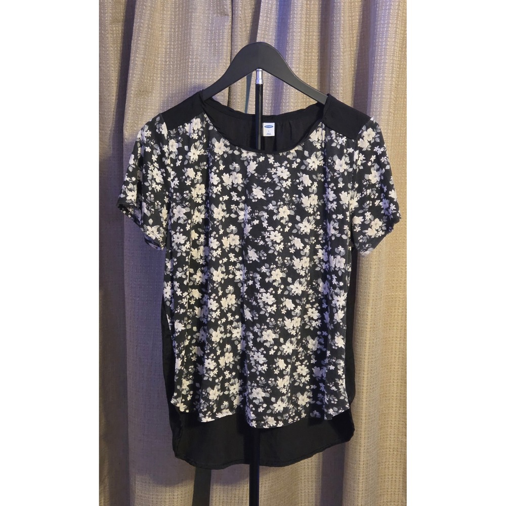 Old Navy Short Sleeve Black White Floral‎ Print High Low Blouse Women's Size L